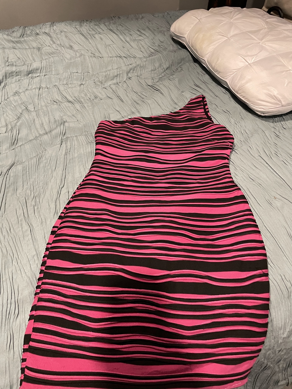 HeartSoul One-Shoulder Hot Pink and Black Striped Bodycon Dress